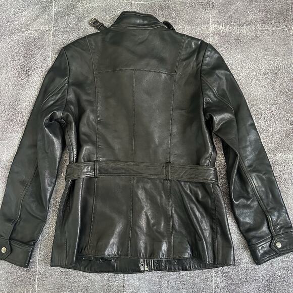Womens Vintage Y2K Guess Soft Black Leather Belted Zip Up Motorcycle Jacket Sz L - Picture 4 of 4